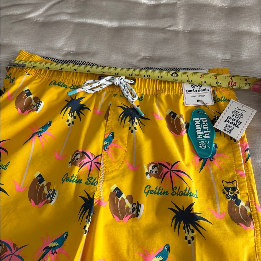 Men’s "Gettin' Slothed" swim trunks from Party Pants. Yellow Size M - Picture 6 of 6